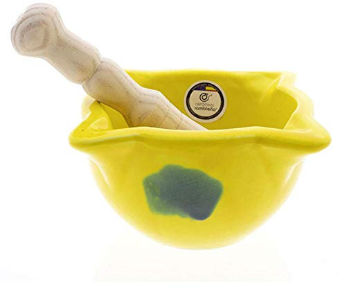CERÁMICA RAMBLEÑA | Mortero Cocina | Mortero Cerámica | Mortero con maza | Mortero Amarillo rústico - Modelo 03 | 100% Decorado a Mano | 14x14x8.5 cm