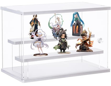 Dezzer Vitrine aus Acryl, Montage Arbeitsplatte Klar Zwei Ebenen Acryl Box Organizer Staubdichte Schutz Showcase Für Action Figuren Spielzeug, Sammlerstücke, Home Lagerung (Weiß, 31,5x18x21.8cm)