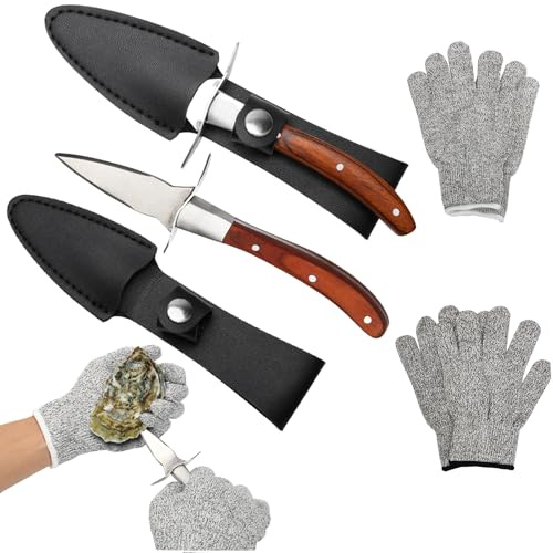 Auster-Shucking Messer mit 4 Handschuhen, AngleKai Shucker Austernmesser Set von 2 Austern Shucker Kit aus Edelstahl mit Austern Shucking Gloves Stichfest für Austern, Arche Muscheln
