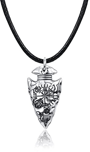 KINGWHYTE Pfeilspitze Halskette 925 Sterling Silber Speerspitze Anhänger Wikinger Vegvisir Schutz Schmuck Geschenke für Männer Vater