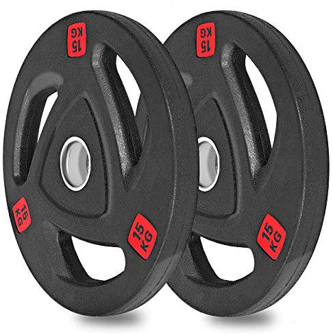 wuuhoo® olympische Hantelscheiben Ray 50mm, Langhantelgewicht 2er Set, Hantelscheibe gummiert mit Stahlkern und Griffen, beschichtet in Schwarz - Fitnessgerät für Zuhause, modernes Design 2 x 15 kg