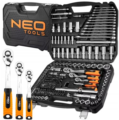NEO TOOLS Set di Chiavi 216 Elementi 1/2, 3/8, 1/4 In Una Custodia Resistente | Chiavi A Bussola, Cacciaviti, Chiavi A Brugola, Cricchetti | Set Completo Per Officina, Garage, Fai Da Te | Robusta valigetta, chiave a bussola, cacciavite, chiave a brugola, cricchetto