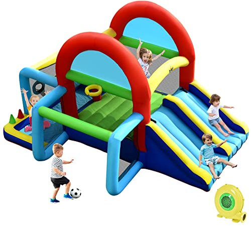 COSTWAY Hüpfburg mit Gebläse, Doppelrutschen, Sprungbereich, Kletterwand, Bällebad, Fußballtor, Basketballkorb, Zielspiel & Ringwurf, Outdoor Hüpfschloss für Kinder, 424 x 300 x 240 cm