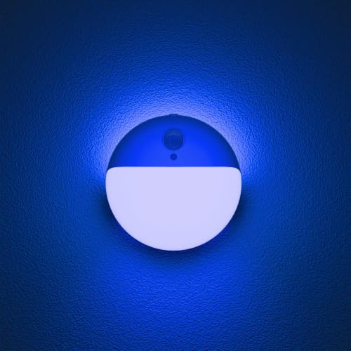 YUNLEX Dimmbar Nachtlicht mit Bewegungsmelder, 2er Set, Batteriebetrieben, Hauptlicht/Hintergrundbeleuchtung/Dual Lights AN, Nachtlicht mit Haftend für Treppe, Bad, Flur, Küche, Blau