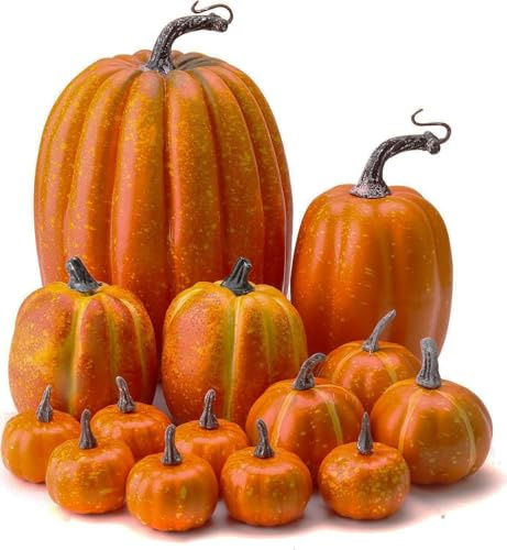 WESAPPINC Artificial Pumpkins,14PCS Orange Pumpkins Assorted Large Faux Harvest Pumpkins for Autumn Thanksgiving Halloween Seasonal Holiday Decor Decoration (Orange)