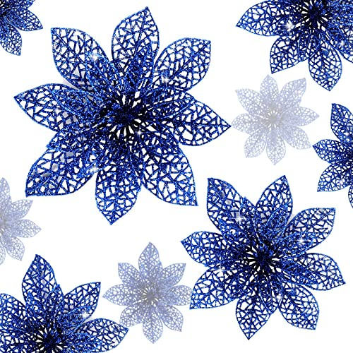 Wironlst 24 piezas de flores de Pascua con purpurina para árbol de Navidad, arbustos de Pascua brillantes, decoraciones de Navidad para Navidad, vacaciones, temporada y boda (azul)