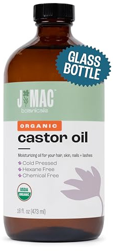 J MAC BOTANICALS Organic Castor Oil Cold Pressed in Amber Glass Bottle (16 oz) USDA Certified, Hexane Free - Moisturizing Oil for Hair, Skin, Face, Eyelashes, Brows, Nails, and Castor Wraps