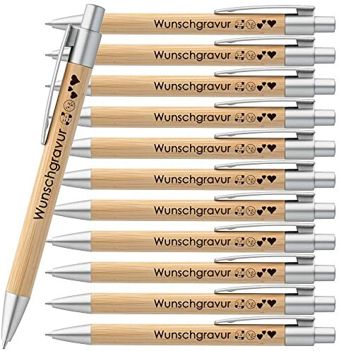 Juwelier Schönschmied 50x Kugelschreiber aus Bambus inkl. Wunschgravur | Emoji Gravur | Werbekugelschreiber personalisiert | Umweltfreundlich | blauschreibend | ø11 x 142 mm (50), (PS206)