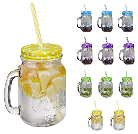 Relaxdays Trinkgläser mit Deckel und Strohhalm, 12er Set Limonadengläser, 500 ml, Retro Sommergläser mit Henkel, bunt