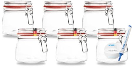 Flaschenbauer - Lot de 6 bocaux à étrier métallique de 630 ml, adaptés comme bocal Mason et verre de fermentation, pour la conservation, à remplir, avec étiquettes incluses, bocaux avec étrier
