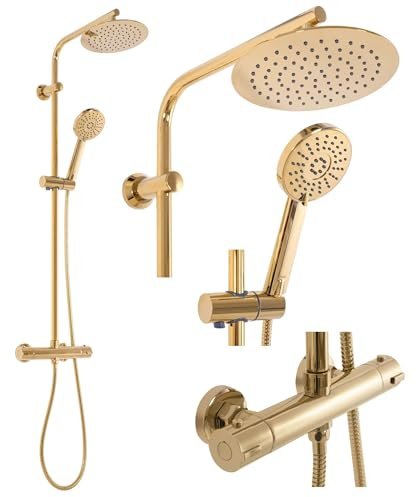 Rea Duschsystem BLISS Gold Duschset Duscharmatur mit Duschkopf und Kopfbrause aus Messing Duschgarnitur für Badezimmer (Gold)