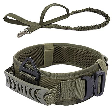 Vmokki Gepolstertes Hundehalsband & Hundeleine Taktisch Verstellbar Breit Hunde Halsband mit Kontrollgriff, Metallschnalle für Große Hunde Training Outdoor (Grün)