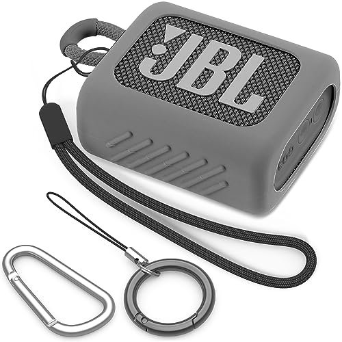 BEAUDOM Silikon JBL GO 3 Hülle Case für JBL GO 3 [Mit Handschlaufe] [Mit Zwei Karabinertypen] Tragbar Schutzhülle Kompatibel mit JBL GO 3 Bluetooth-Lautsprecher (Grau)