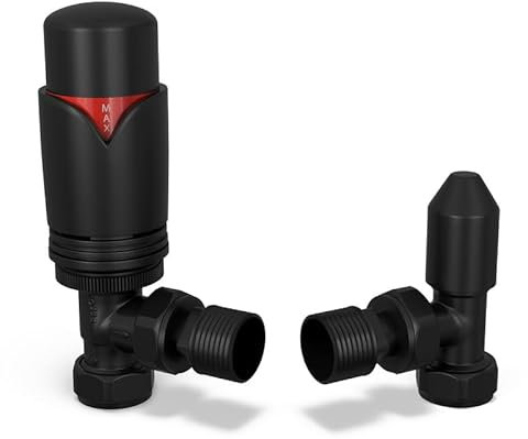 UK Radiators Black Thermostatic Radiator Valve and Angled Lockshield Valve - Matt Black Finish - Classy and Modern Design 1/2 x 10mm Angled Radiator Valve