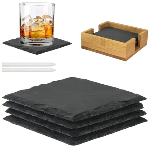 Poeland Schiefer Untersetzer Set, Schiefer-Getränkeuntersetzer mit Holztablett und Kreide, Tassenuntersetzer-Set für Zuhause, Wohnung, Küche, Bar (4 Stück, eckig)