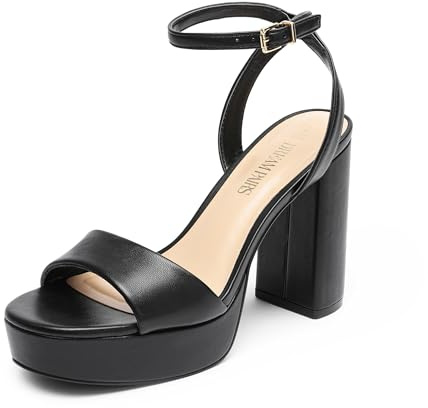 DREAM PAIRS Platform High Heels for Women Chunky Round Open Toe Ankle Strap Stylish Heeled Sandals for Party Prom Wedding,Size 5.5,Black-Pu,SDHS2423W