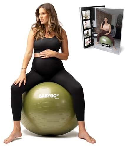 BABYGO Geburtsball – Schwangerschafts-Yoga, Arbeit & Gymnastikball & Buch Set Trimester-Ziel, Mutterschaftsphysio, Geburt & Genesungsplan inklusive Anti-Burst-umweltfreundliches (Olive, 75cm)