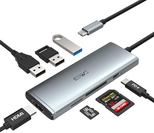 JESWO HUB USB C, 7-en-1 Adaptateur USB C vers USB, HDMI 4K, Charge PD 100W Lecteur de Carte SD/Micro SD,Dock USB Multiport Compatible avec MacBook Pro/Air, iPad Pro, Autres appareils de Type C