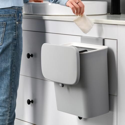 LoyaltyClivia Mülleimer mit Deckel, 9L Küche Abfalleimer Klein Hängend Abfallsammler Mülleimer mit Schiebedeckel Wandmontage Plastik Komposteimer Geruchsdicht Abfallbehälter Tür zum Aufhängen (Grau)