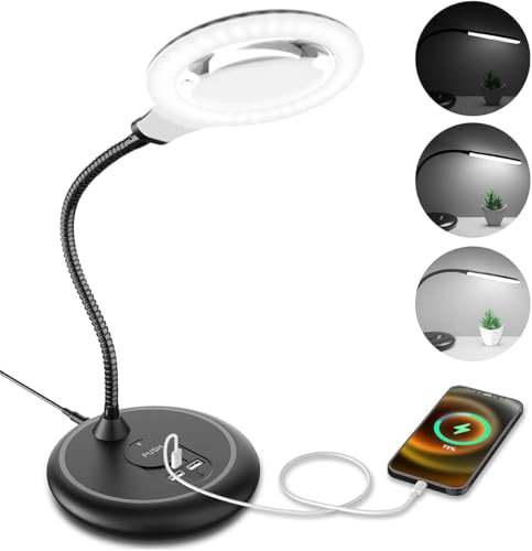 Raweao Lampada con Lente di Ingrandimento, 5X Lente Ingrandimento con Luce da Tavolo per Anziani che Leggono, Cuciono, Gioielli, Hobby - Nero