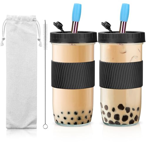 Osrioal 2 Pack Reusable Bubble Tea Cup, 730ml/24oz Wide Mouth Smoothie Cups with Lids and Straws, Iced Coffee Glass with Silicone Sleevet, Leakproof Glass Mason Jars, Black