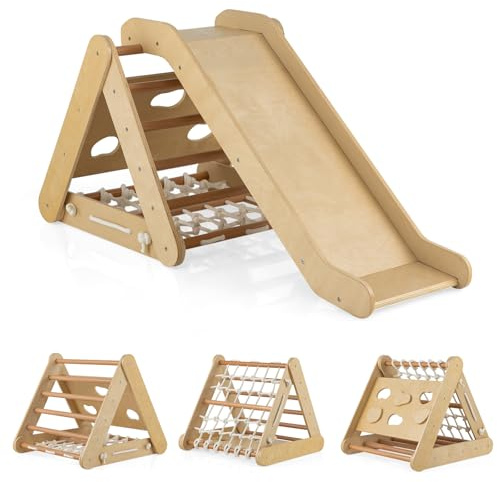 HOMASIS 3 en 1 Triangle d'escalade de Pikler en Bois, Jeu d'escalade Montessori avec Toboggan & Echelle, Aire de Jeux Intérieure pour Enfants de 1+ Ans, Capacité de 60kg (Naturelle)