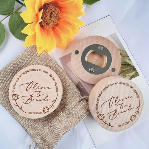 Abridor de botellas personalizado, recuerdos de boda, grabado personalizado, imán de madera para nevera, abrebotellas redondo para bodas, invitados, compromisos, cumpleaños, bautizos de bebé (10