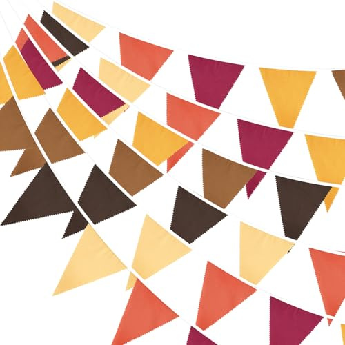 G2PLUS 12M Organge Brown Red Fabric Bunting Banner, 42PCS Large Fall Bunting Banner, 19x21CM Reusable Cotton Triangle Garland for Halloween, autumn Garden Decoration