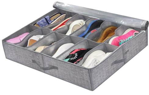 Scatola portaoggetti sottoletto - Cassetta portascarpe sottoletto con 12 tasche con coperchio trasparente, scatole portaoggetti sottoletto pieghevoli | Borsa portaoggetti per scarpe, organizer per let