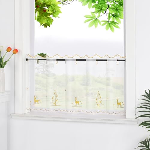 HeichkelL Voile Scheibengardine Transparente Gardine Weihnachten Kurzstores mit Stickerei Bistrogardine mit Rentier und Weihnachtsbaum Gold HxB 30x120 cm