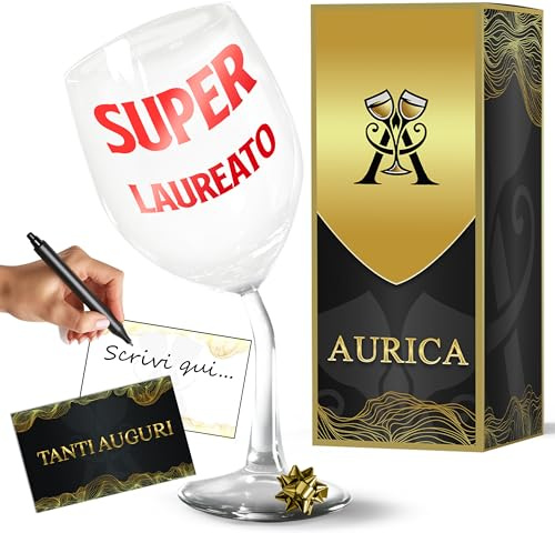 Aurica Calice Vino Personalizzato SUPER LAUREATO – Bicchiere Piegato Ideale Per Un Brindisi Di Successo! Regalo Originale E Simbolico Per Chi Ha Conquistato La Sua Laurea Con Confezione Regalo Inclusa