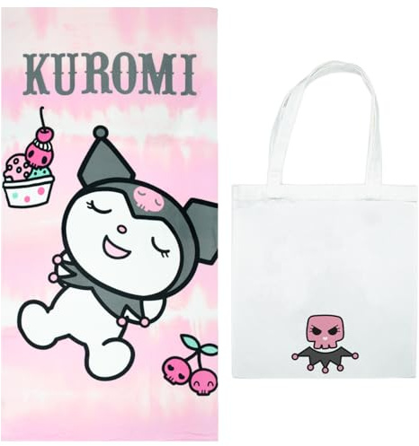 Toalla Kuromi Rayas 70x140 cm con Bolsa de Playa – Diseño Oficial en Microfibra Suave y de Secado Rápido Absorbente - Infantil Ideal para Playa, Piscina o Regalo para Niñas Fans del Personaje