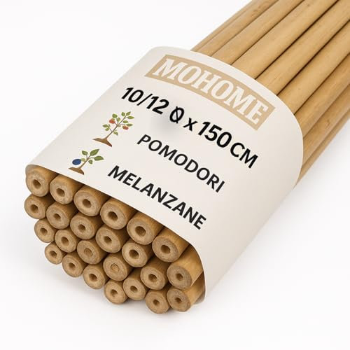 MOHOME Canne Bambù Giardinaggio Naturali Set 25 Cannette 10/12 Ø x 150 cm Bastoncini Supporto Piante Orto Sostegni Tutore Pali Resistenti Rampicanti Giardino Pomodori Melanzane