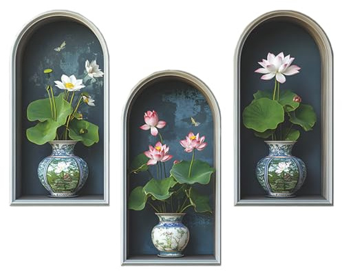 Auriselle 3 pezzi 21 * 39CM Fiori di loto Adesivi murali Piante in vaso Fiori Vasi - Decorazione murale autoadesiva 3D con piante verdi e foglie - Quadro moderno per soggiorno, ufficio, hotel, cucina