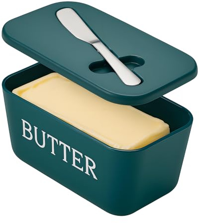 Mantequera grande con tapa y cuchillo, recipiente grande de plástico de grado alimenticio con tapa, soporte para mantequilla con cuchillo de acero inoxidable para decoración de cocina
