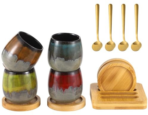 yeeplant Juego de 4 tazas de café expreso de cerámica con cucharas chapadas en oro, posavasos de madera, diseño moderno pintado a mano, incluye base de almacenamiento para té y café