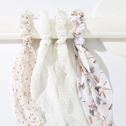 4 Stück Haargummis Mädchen Schleife Haare Scrunchies Haargummi Damen Zopfgummis Mit Lange Zöpfe Geknotete Schleife Haarband Weiße Elastische Seidenhaargummi Haarschleife Haarbänder Haaraccessoires