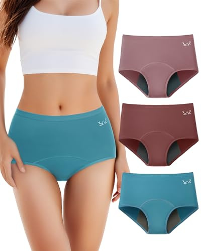 TANSTC Period Underwear for Women Heavy Flow Leakproof Panties Soft Fit Teens High Waisted Menstrual Panties Postpartum Hipster Briefs -3 Pack