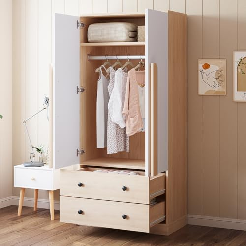 RIAZOS Kleiderschrank mit Stauschrank, Doppeltüriger Design, mit 1 Kleiderstange, 1 Fächer, 2 Schublade, Für Schlafzimmer Wohnzimmer Kinderzimmer, 70x40x170 cm, Weiß+Natur