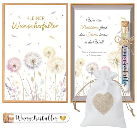 YOMORIO Kreatives Geldgeschenk Wunscherfüller Set Reagenzglas & Jutesäckchen mit Pusteblume Karte Geschenk zur Taufe Konfirmation Firmung Jugendweihe, Abschluss & Geburtstag