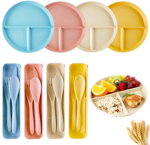 DIYJEP 4 Pièces d'Assiettes à Compartiments avec 4 Pièces de Couverts de Voyage, Assiettes en Plastique Reutilisable de 23 cm, Plateau Repas Compartiment avec Vaisselle de Camping pour Adulte Enfant