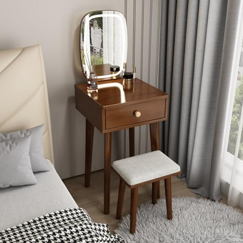 Ernqi Frisiertisch Aus Gummibaumholz Mit Dreifarbigem LED-Spiegel, Kleiner Schminktisch Mit Hocker Und Schubladen, Kommode Mit Stuhl, Erhältlich (Walnut)