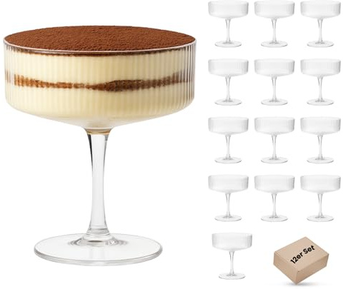 DAL CERO Martini Glas LINEA 200 ml – Bicchiere da cocktail in design vintage coupé a coste – Elegante aperitivo in vetro cocktail e dessert – Manico corto – Disponibile anche come set da 2 – 12 pezzi