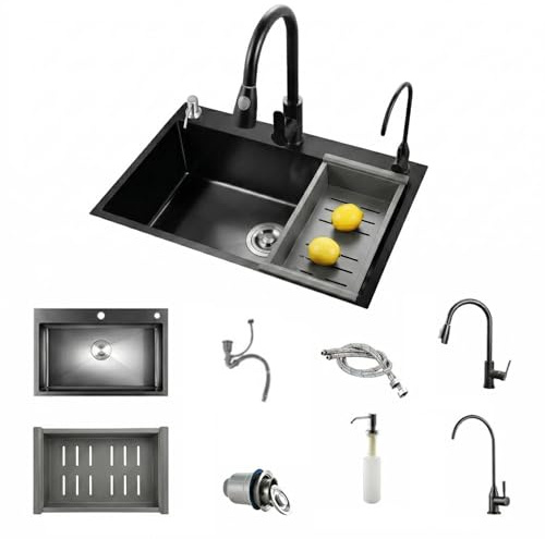 Umisu Évier Cuisine Noir en Acier Inoxydable 60 * 45CM, Évier Simple avec Robinet Extensible, Distributeur de Savon et Panier égouttoir avec Robinet Rétractable Panier Distributeur de Savon