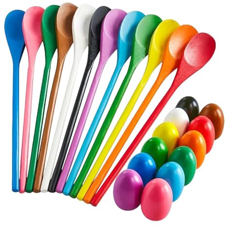 GRSECPO Egg Spoon Race Game Set, 24PCS Wooden Outdoor Lawn Game | GRSECPO 24PCS Egg Spoon Race Set, Wooden Balance Game for Relay Races, 12 Spoons & 12 Assorted Color Eggs, Outdoor Fun