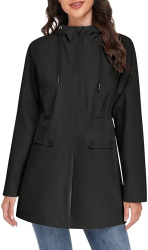 Yuson Girl Women's Coats Lightweight Jackets Elegant Spring Coat Ladies Outdoor Windbreaker Womens Jacket Transition with Drawstring Zipper Hood Casual Parka for Spring Summer Autumn(Black, L)