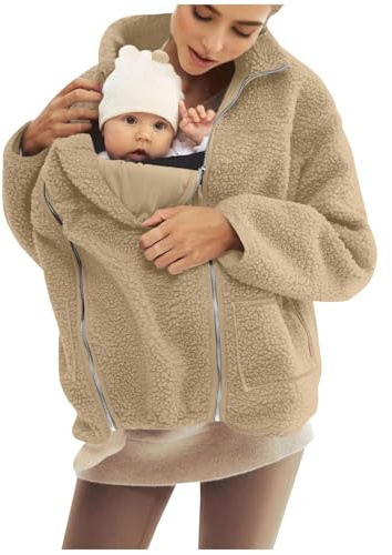 Veste De Portage pour Maman et Bébé Veste avec Poches Mère-Enfant Polaire Sweat d'allaitement Kangourou Vestes de Maternité Femme Manches Longues Pull Douce et Confortable Couleur Unie