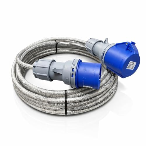 16A 3 Pin Single Phase Industrial Extension Lead Metre 230V Blue SY steel Armoured Cable IP44 IEC 60309 2P+E 3x2.5mm² Heavy Duty Braided Cable Pat Tested (20 Metre)