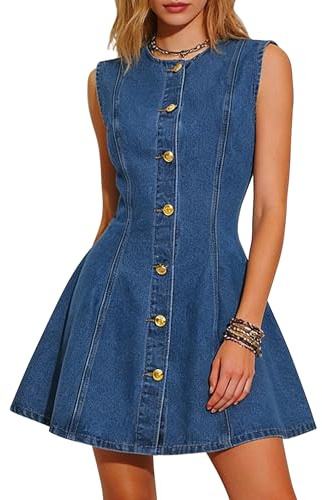 Fengbay Denim Dresses for Women UK Sleeveless Button Down Mini Jean Dress | Babydoll A-line Dresses with Pocket,Soft Stretch Cotton Denim,Suitable For Summer Dates, Holiday Trips & Daily Wear