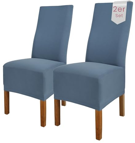 Scheffler Home Stuhlhussen 2er Set Blau Jersey Baumwolle Emma | Waschbare Stuhlbezüge, Stretch Chair Cover für Hochlehner, Polsterstühle und Esszimmerstühle, Öko-Tex zertifiziert